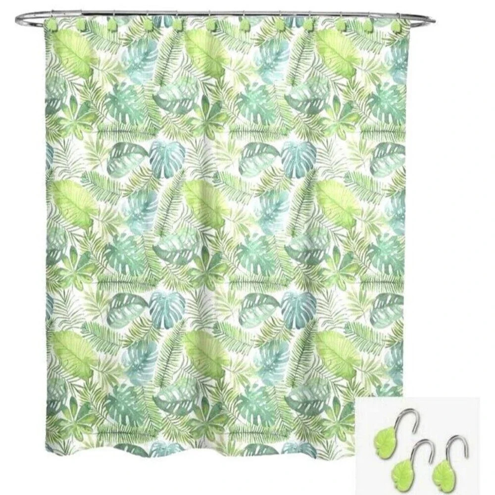 Avanti Palm Leaf Tropical Fabric Shower Curtain & Hook Set Summer Beach House
